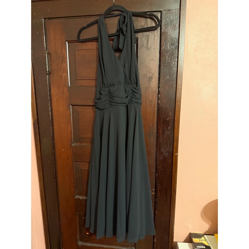 Connected Apparel Black Halter Midi Dress Ruched Waist V-Neck Formal Size 12